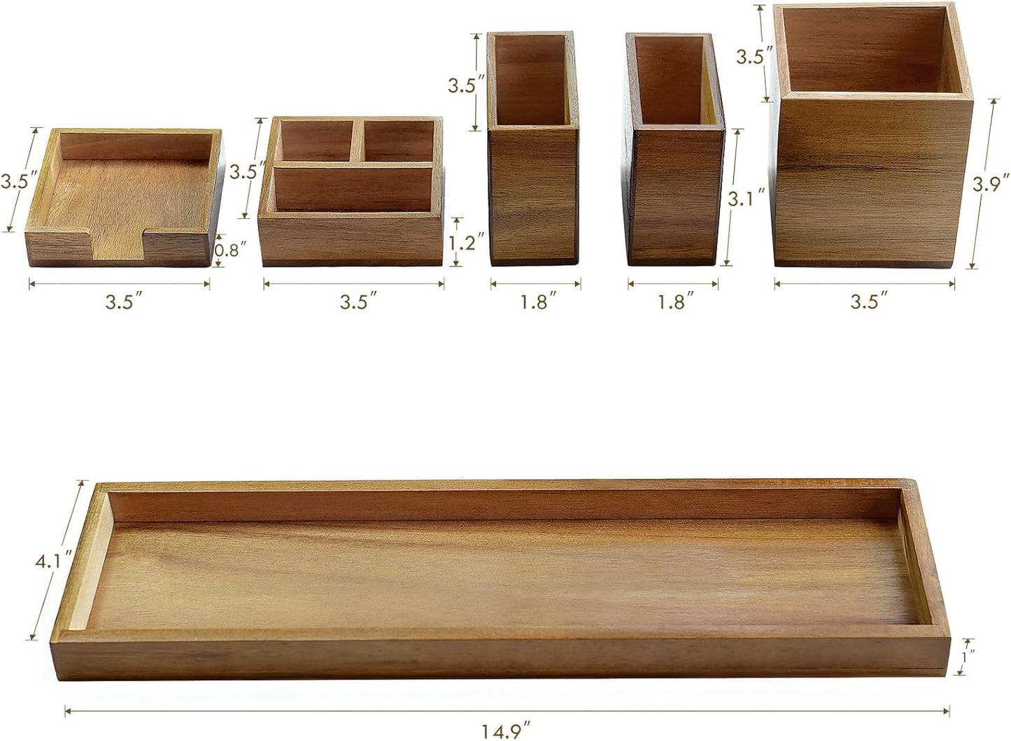 Bamboo Vanity Tray, 6-Piece Bathroom Countertop Vanity Tray Set, Makeup Kitchen Desk Organizer and Storage - Holds Small Items