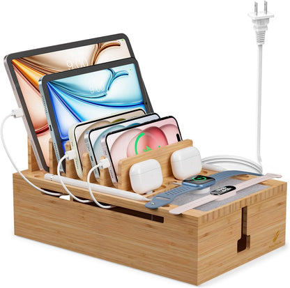 Pezin & Hulin Bamboo Charging Station for Multiple Devices, USB Charger Dock Organizer, with Power Supply (10 Ports HUB), 6 Cables, Cable Management Organizer for Cell Phones, Tablets -Natural+White