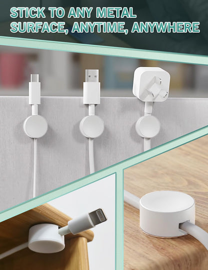 5-Pack Magnetic Cable Organizer Adhesive Cable Clips for Kitchen Nightstand Desk Table Metal Wall Steel, 5 Cord Clips + 5 Magnet Disc Base, White
