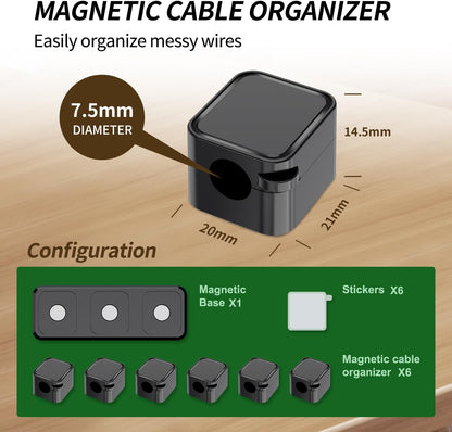 Magnetic Cable Organizer for Desk – Upgraded Wire Clips with Adhesive Base – Desktop Cord Holder for USB, Charging Cables – 6 Clips + 1 Magnetic Base (Black)