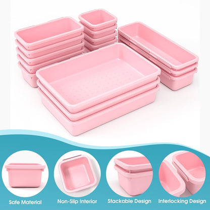 StoreHappily 10 PCS Drawer Organizer Set, 4 Size Makeup Drawer Divider Organizer With Non-Slip Pads, Interlocking Plastic Storage Bins for Office,Jewelry Vanity,Gadgets, Bathroom,Kitchen, Black