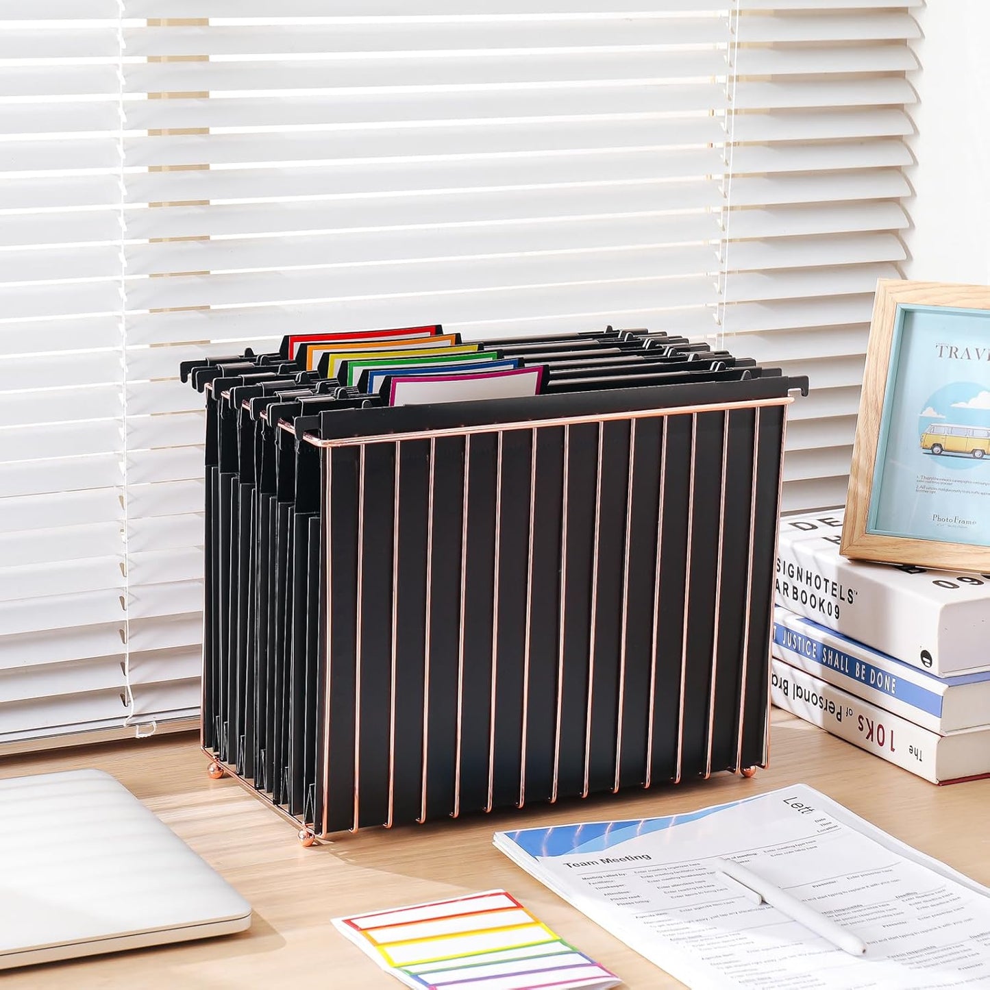 Hanging Rose Gold File Organizer, equipped with a 6-piece set of rose gold desktop accessories