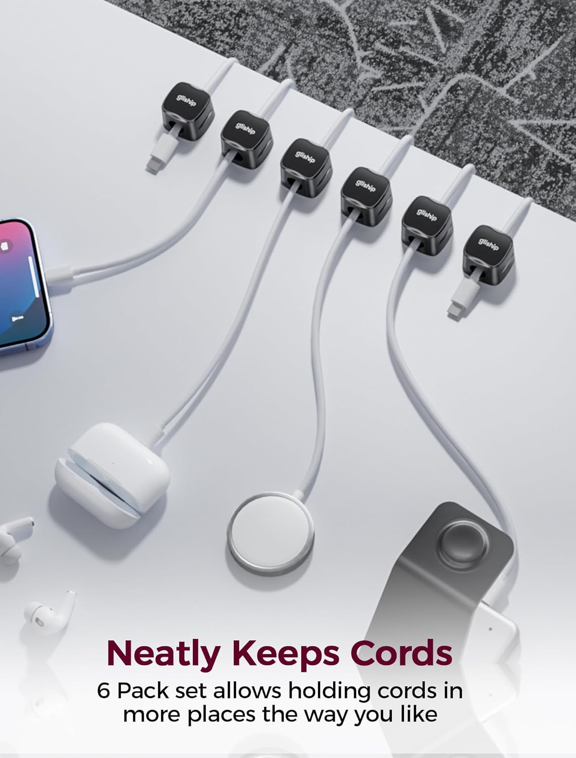 6-Pack Magnetic Cable Clips - Cell Phone Cord Holder for Nightstand, Mini Cube Cord Holder with 6 Extra Strong Adhesive Pads, USB Cable Magnetic Clip for Office Desk Home