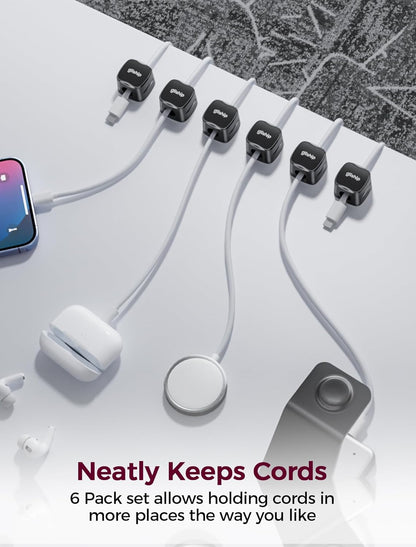 6-Pack Magnetic Cable Clips - Cell Phone Cord Holder for Nightstand, Mini Cube Cord Holder with 6 Extra Strong Adhesive Pads, USB Cable Magnetic Clip for Office Desk Home