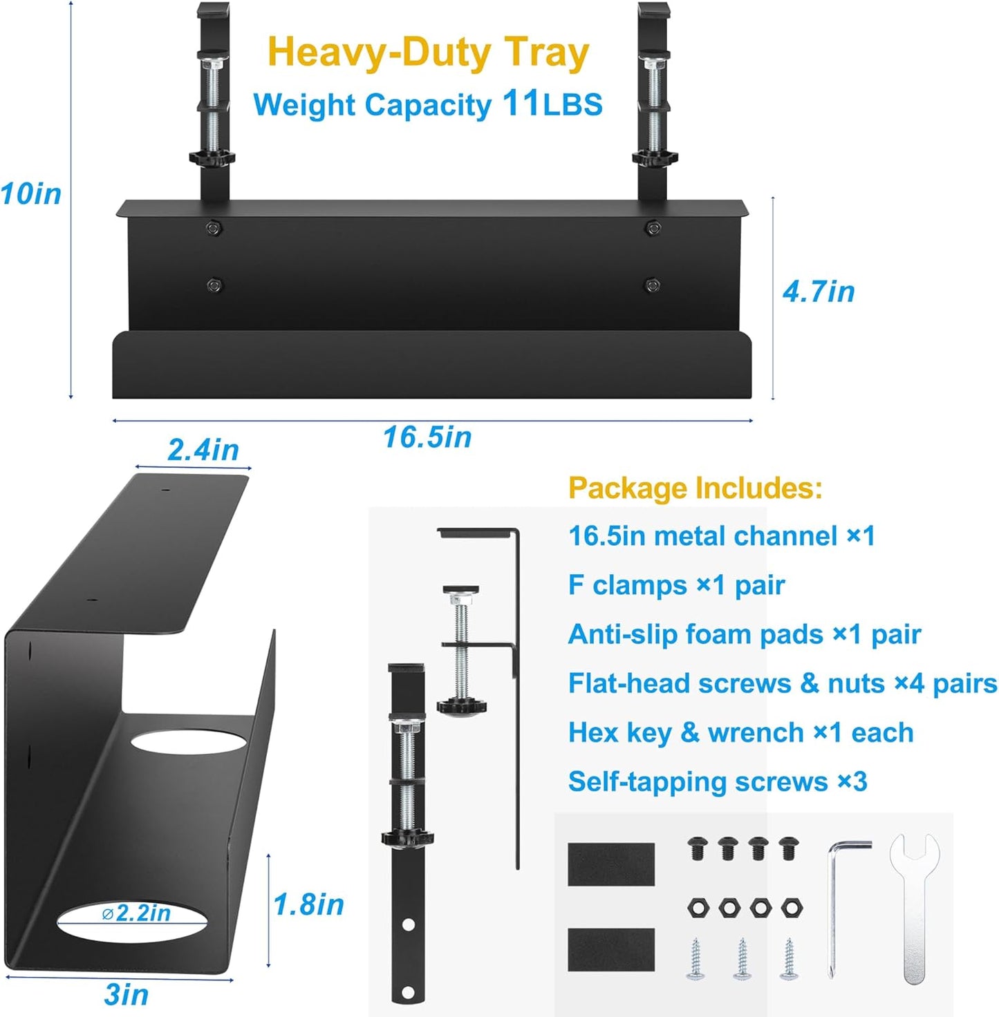 ZhiYo 16.5 Inch Sturdy Under Desk Cable Management Tray, Metal Cable Tray Under Desk, Black Table Management Basket, Wire Hider 1 Pack