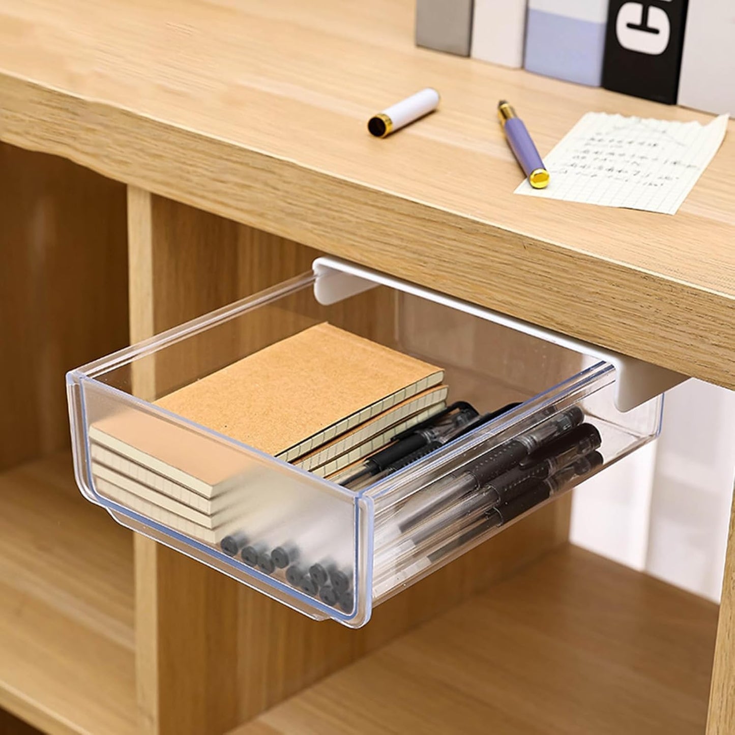 Self-adhesive Under Desk Drawer Organizer, Table Hidden Slide Out Large Storage Mounted Desktop Pencil Holder Tray Drawers for Office Home School Stationery Kitchen (Black)
