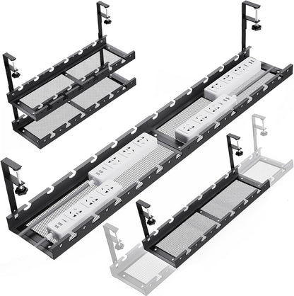 31Inch Extendable Under Desk Cable Management Tray Multi-Model Metal Cable Management Tray Under Desk Cord Management with Clamp Power Strip Cord Holder for Wire Cable Management