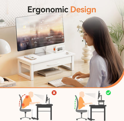 Desk Organizers and Accessories, Computer Monitor Stand Riser with Fabric Drawer, 2-Tier Laptop Stand for Desk, Office Organization Accessories, Pink