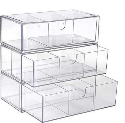 Hipiwe Acrylic Storage Drawers 3-Tier Stackable Bathroom Makeup Organizer Cotton Swabs Qtip Holder for Vanity Cosmetics Clear Desktop Organizer with Removable Dividers, 8.1"Lx 3.9"Wx7.8"H