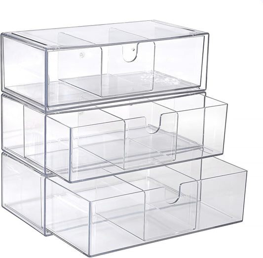 Hipiwe Acrylic Storage Drawers 3-Tier Stackable Bathroom Makeup Organizer Cotton Swabs Qtip Holder for Vanity Cosmetics Clear Desktop Organizer with Removable Dividers, 8.1"Lx 3.9"Wx7.8"H