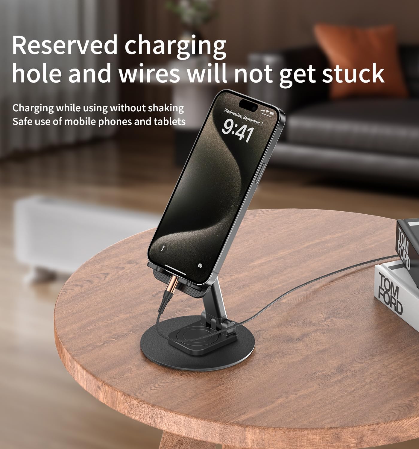 360° Rotating Cell Phone Stand for Desk, Adjustable & Foldable Phone Holder, Aluminum Desktop Phone Stand with Anti-Slip Base, Compatible with iPhone, iPad, Android Phones, K69-Black