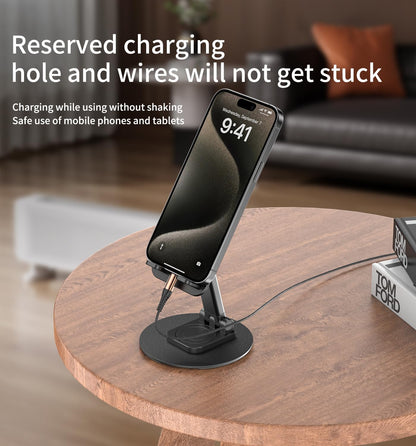 360° Rotating Cell Phone Stand for Desk, Adjustable & Foldable Phone Holder, Aluminum Desktop Phone Stand with Anti-Slip Base, Compatible with iPhone, iPad, Android Phones, K69-Black