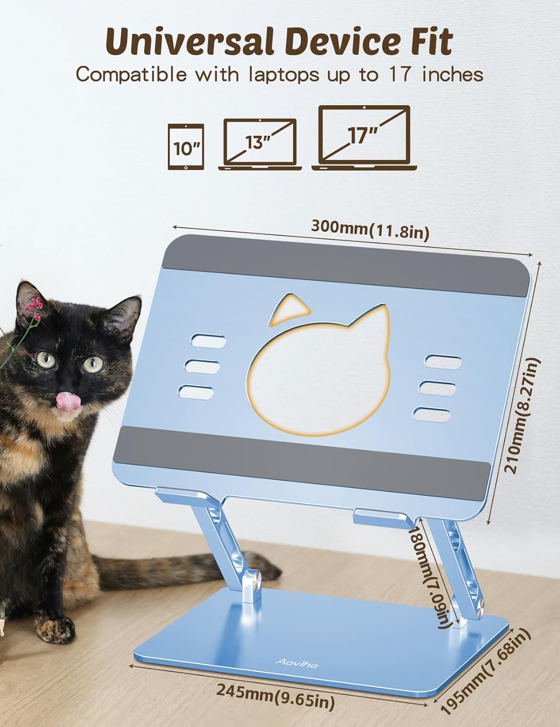 Aoviho Laptop Stand for Desk – Adjustable Aluminum Laptop Riser with Unique Cat-Shaped Cooling Vent, Portable Desk Gift & Decor, Compatible with MacBook Air Pro, Dell, HP, Lenovo (10"-17.3"), Black