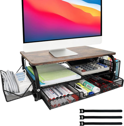 Desk Organizers and Accessories Monitor Riser, Monitor Stand with Drawer (2-Tier Drawers) with Large Side Storage Rack & Cable Management,66LBS/30KG, Office Organization, Walnut Brown
