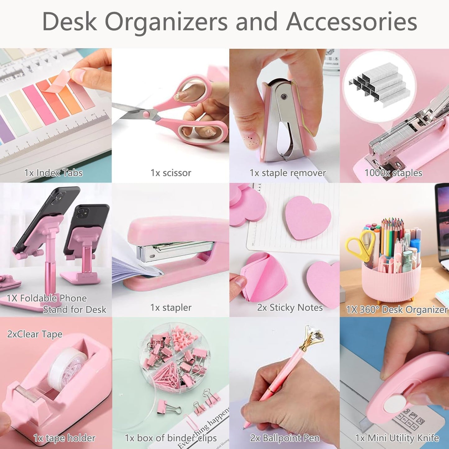 suniya Office Supplies,Gold Desk Accessories,with Stapler,Tape Dispenser,Pen Holder,Scissors,Phone Stand,Staple Remover,Ballpoint Pen,Clear Tape, Staples,Ruler,Clips,Best Gift for Business or Boss