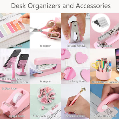 suniya Office Supplies,Gold Desk Accessories,with Stapler,Tape Dispenser,Pen Holder,Scissors,Phone Stand,Staple Remover,Ballpoint Pen,Clear Tape, Staples,Ruler,Clips,Best Gift for Business or Boss