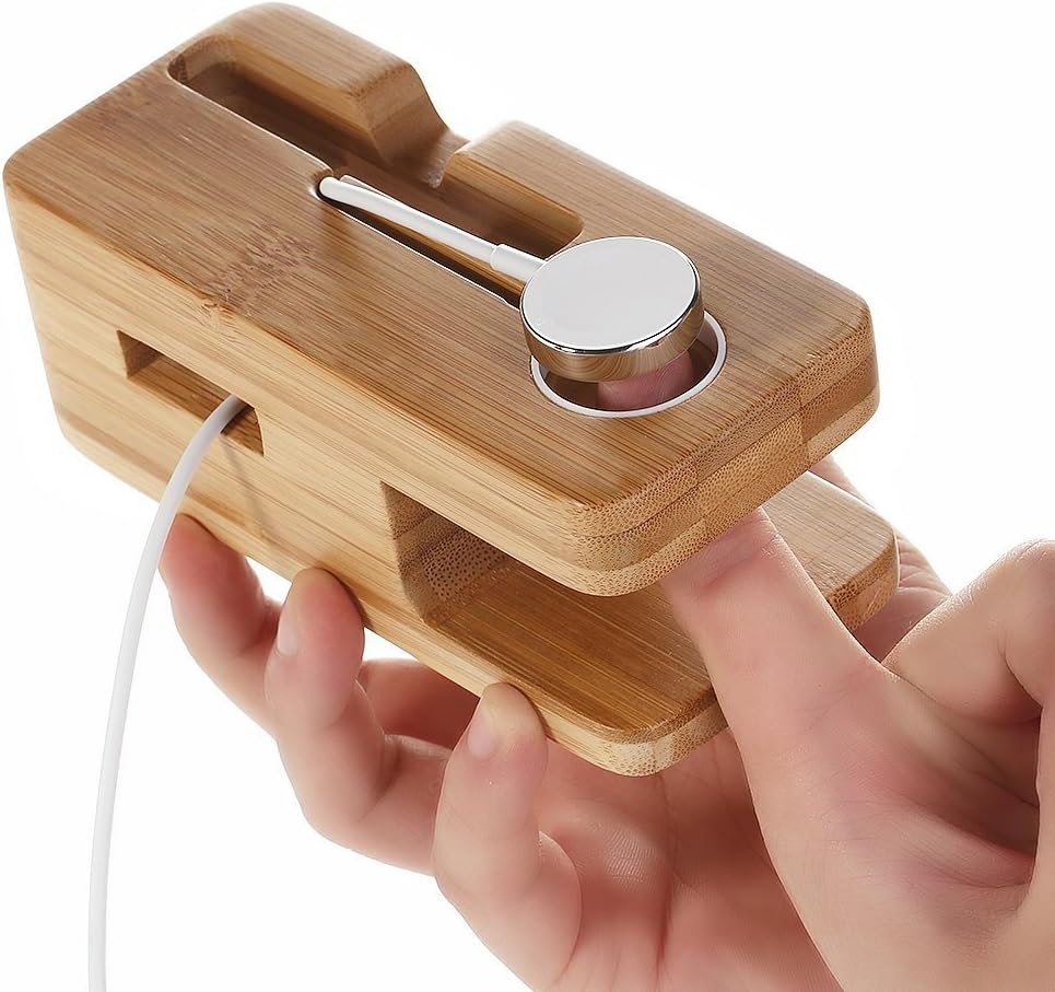 MOOZO Bamboo Wood Desktop Charging Dock Station Charger Holder Cradle Stand Compatible iPhone 16 15 14 13 12 11 Pro Max Apple Watch 2 3 4 / iWatch Samsung Galaxy S8 S7 S6 Edge Plus LG HTC Smartphones