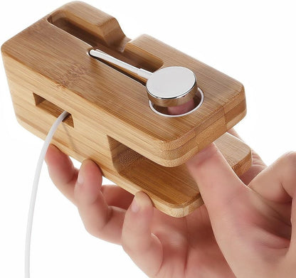 MOOZO Bamboo Wood Desktop Charging Dock Station Charger Holder Cradle Stand Compatible iPhone 16 15 14 13 12 11 Pro Max Apple Watch 2 3 4 / iWatch Samsung Galaxy S8 S7 S6 Edge Plus LG HTC Smartphones