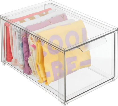 mDesign Plastic Stackable Closet Storage Organizer Bin Containers with Front Pull Drawer for Cabinet, Desk, Shelf, Cupboard, or Dresser Organization - Lumiere Collection - Clear