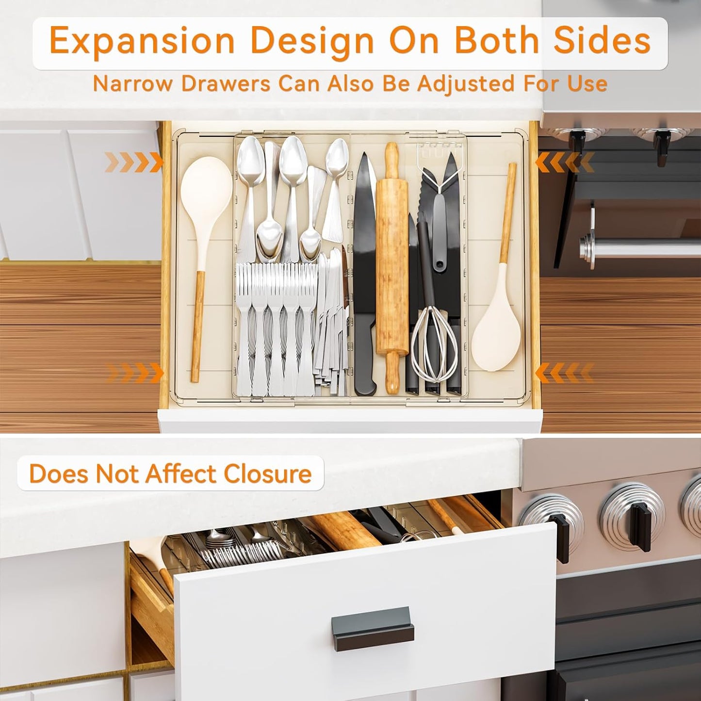 Yieach Clear Expandable Silverware Drawer Organizer - Adjust From 11'' to 22'' - Knife,Cutlery,Spoons and Forks Organizer,Large 8 Grid Flatware,Silverware Tray,Utensil Organizer for Kitchen Drawers
