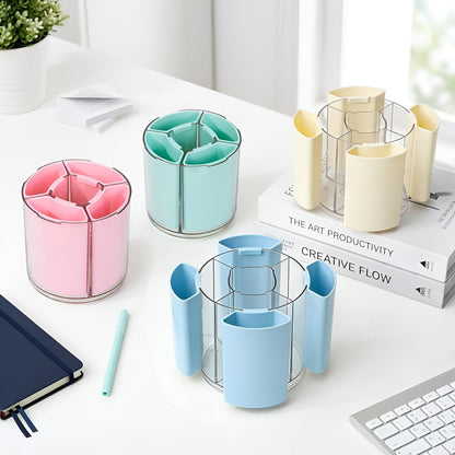 Comix 360° Rotating Pen Holder for Desk, Cute Pencil Holder Pen Organizer, Beige Acrylic Pencil Cup Caddy with 5 Slots for Home School Office Supplies