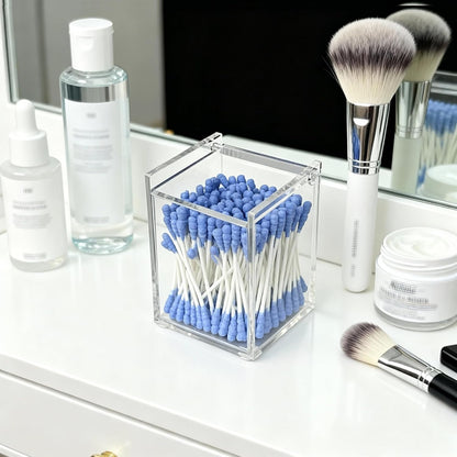 Clear Acrylic Cotton Swab Ball Holder Qtip Organizer with Lid 2-Grid Canister for Make Up Pads, Floss Picks, Vanity Storage,Bath Salts, Cosmetics, Home Bathroom Decor (DP004)
