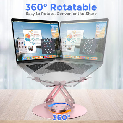 Swivel Laptop Stand for Desk, Adjustable Height Aluminum Computer Stand with 360 Rotating Base, Foldable Ergonomic Riser, Portable Laptop Holder Compatible with MacBook, All Laptops 10-17'', Grey
