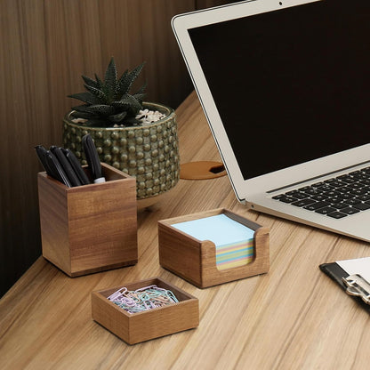 Desk Organizer Set of 3 - Bamboo Office Desk Accessories - Desk Organizers and Accessories for Women Men - Set incl. Pencil Pen Holder, Paperclip Storage and Sticky Note Holder