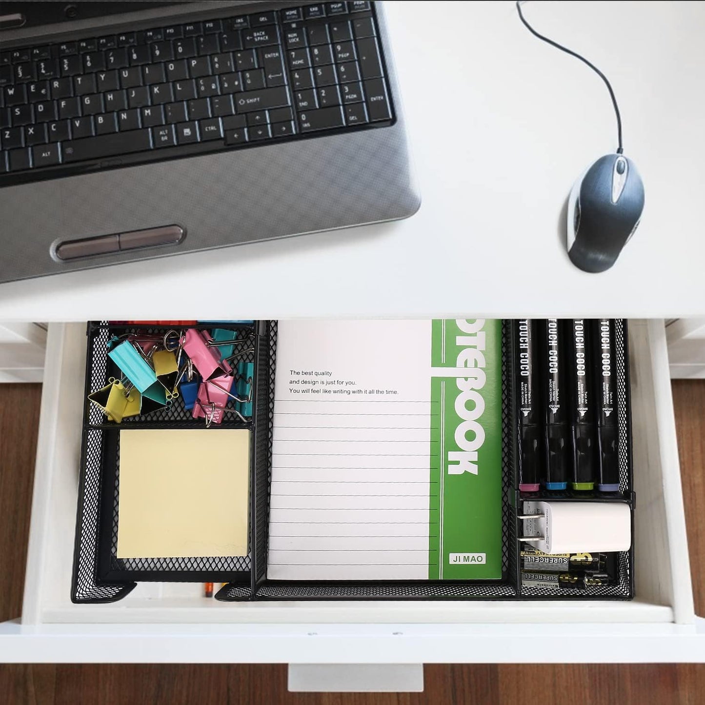 Desk Drawer Organizer Tray with Adjustable Compartments, 6 Grid Metal Mesh Drawer, Multi-use Desk Organizer Storage Box Set for Office,Home,School Supplies, 12.6X9X1.9 inch