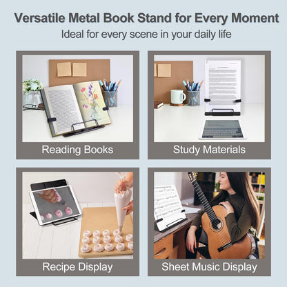 Metal Desk Book Stand for Reading with Adjustable Clips, Hands-Free Foldable Book Holder for Kids, Portable Document Stand for Desk, Display Stand for Recipes, Cookbooks, Tablets - Purple