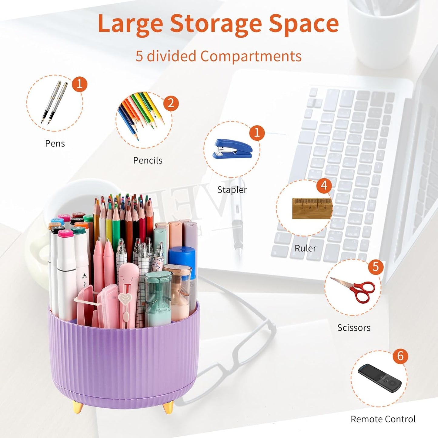 Desk Pencil Pen Holder, 5 Slots 360°Degree Rotating Pen Organizers for Desk, Desktop Storage Stationery Supplies Organizer, Cute Pencil Cup Pot for Office, School, Home, Art Supply, Dark Green