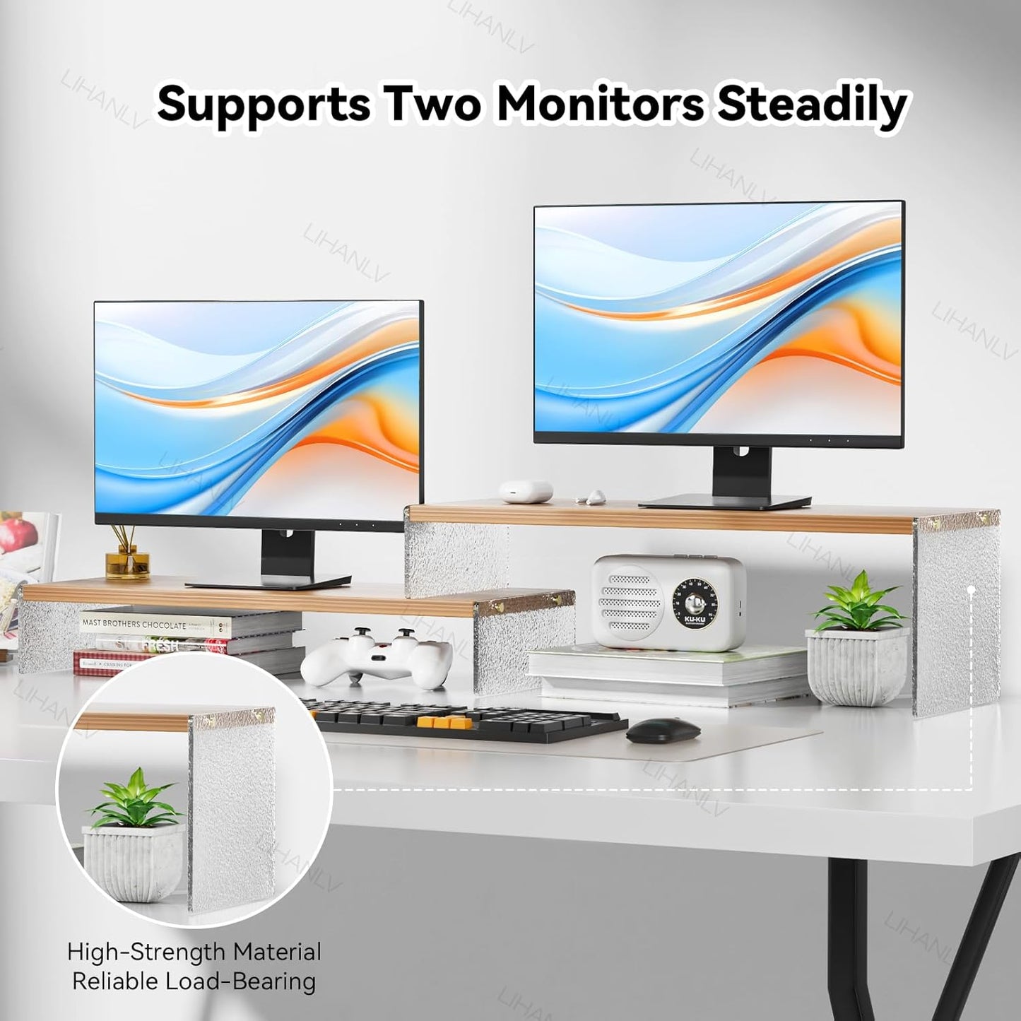 YGYQZ Adjustable Monitor Stand Riser with Acrylic Legs丨7.67" Wide Dual Monitor Stand for Desk丨2-Tier Wood Desktop Organizer for Computer, Laptop, Printer & PC丨Modern Aesthetic Desk Shelf(wood-flat)