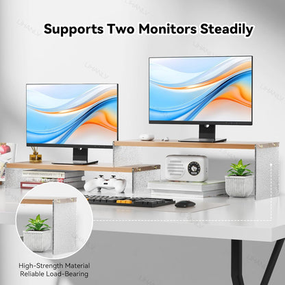 YGYQZ Adjustable Monitor Stand Riser with Acrylic Legs丨7.67" Wide Dual Monitor Stand for Desk丨2-Tier Wood Desktop Organizer for Computer, Laptop, Printer & PC丨Modern Aesthetic Desk Shelf(wood-flat)