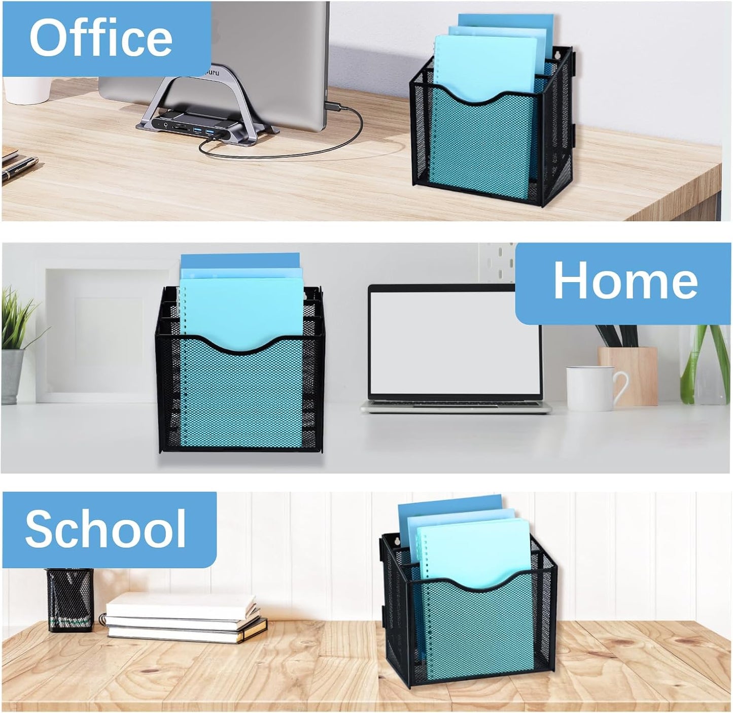 Metal Desktop File Organizer with 3 Vertical Compartments Wall Mounted Mail Paper Document Folder Holder Magazine Storage Rack for Home Office Classroom,Black