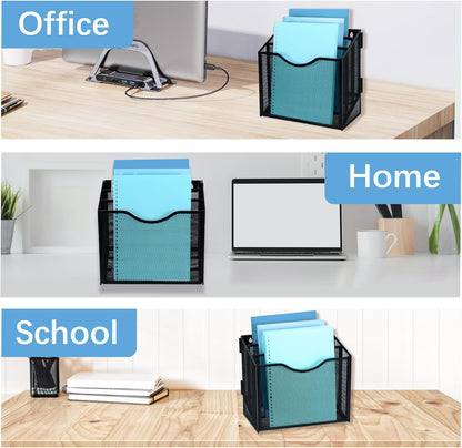 Metal Desktop File Organizer with 3 Vertical Compartments Wall Mounted Mail Paper Document Folder Holder Magazine Storage Rack for Home Office Classroom,Black