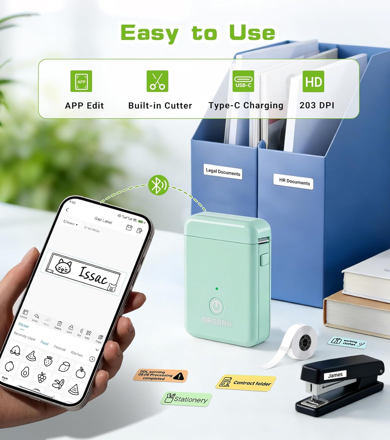 ORGBRO Label Maker Machine with Tape, X1 Portable Bluetooth Mini Label Printer, Support Pre-Cut & Continuous Label, Wireless Small Label Makers with Versatile App for School Home Office Organization
