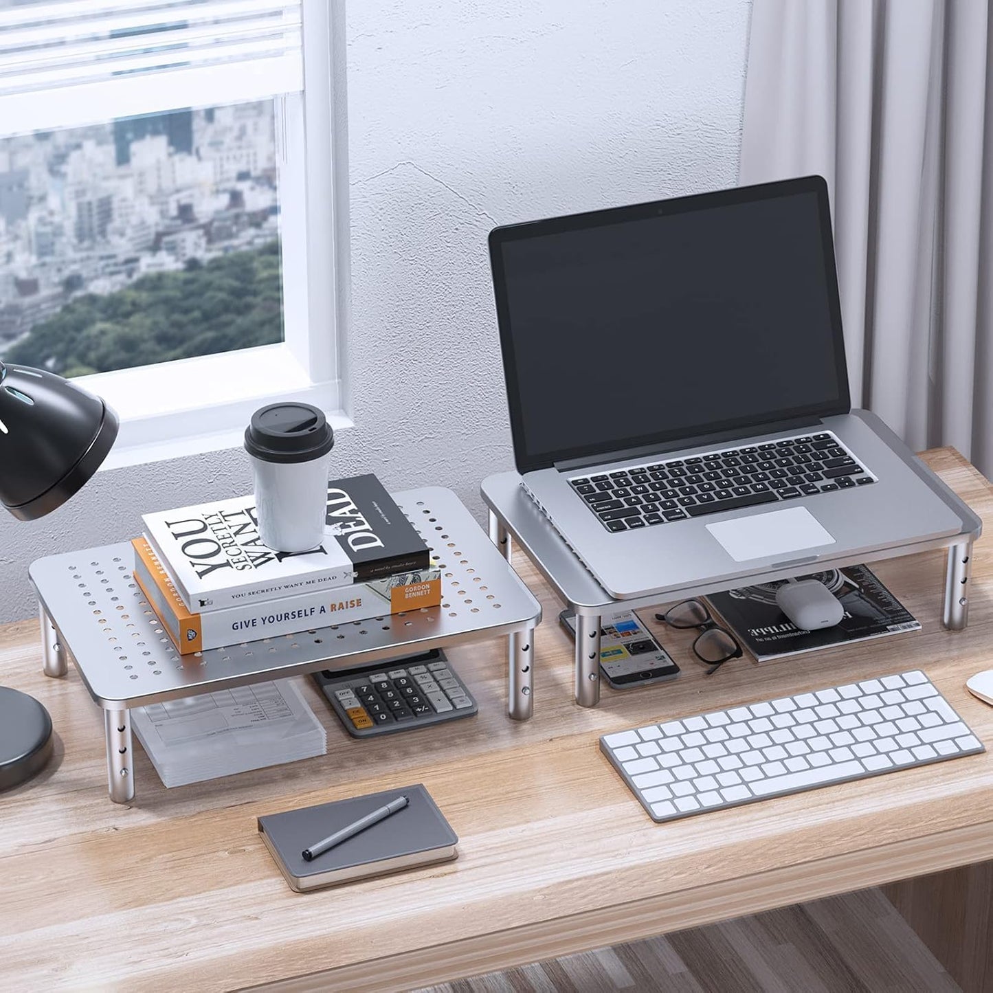HUANUO Monitor Stand, Monitor Stand Riser 3 Height Adjustable, Monitor Riser with Airflow Vents, Laptop Stand for Desk, Laptop Riser, Desk Organizer for Monitor, 15.6" Laptop, PC, Printer