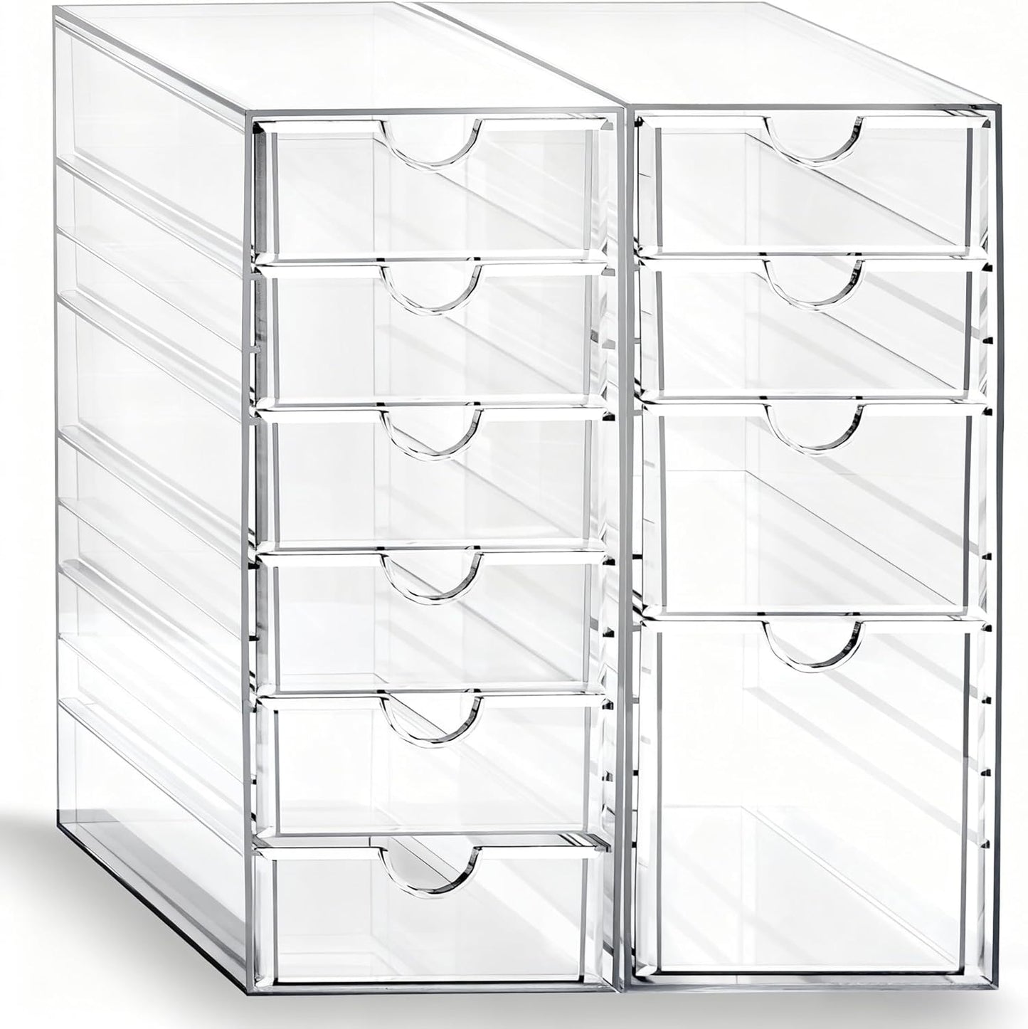 Prsildan Acrylic Makeup Organizer, 2 Pack Stackable Storage Drawers with 6 Drawers for Office Desk Vanity Craft Room Clear Drawer Organizers for Hair Accessories Art Supplies Cosmetics Modular System