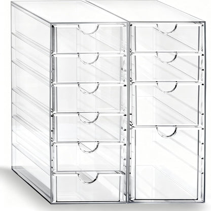 Prsildan Acrylic Makeup Organizer, 2 Pack Stackable Storage Drawers with 6 Drawers for Office Desk Vanity Craft Room Clear Drawer Organizers for Hair Accessories Art Supplies Cosmetics Modular System