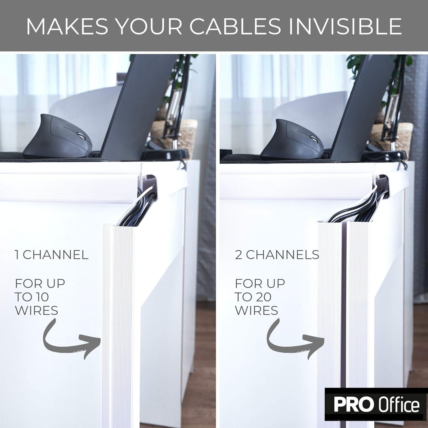Cable Management ProOffice 96in J Channel Cable Raceways - 6X 16in Black No Screw/No Drill Computer Cord Organizer - Cable Channels for Wire Management Under Desk with Adhesive