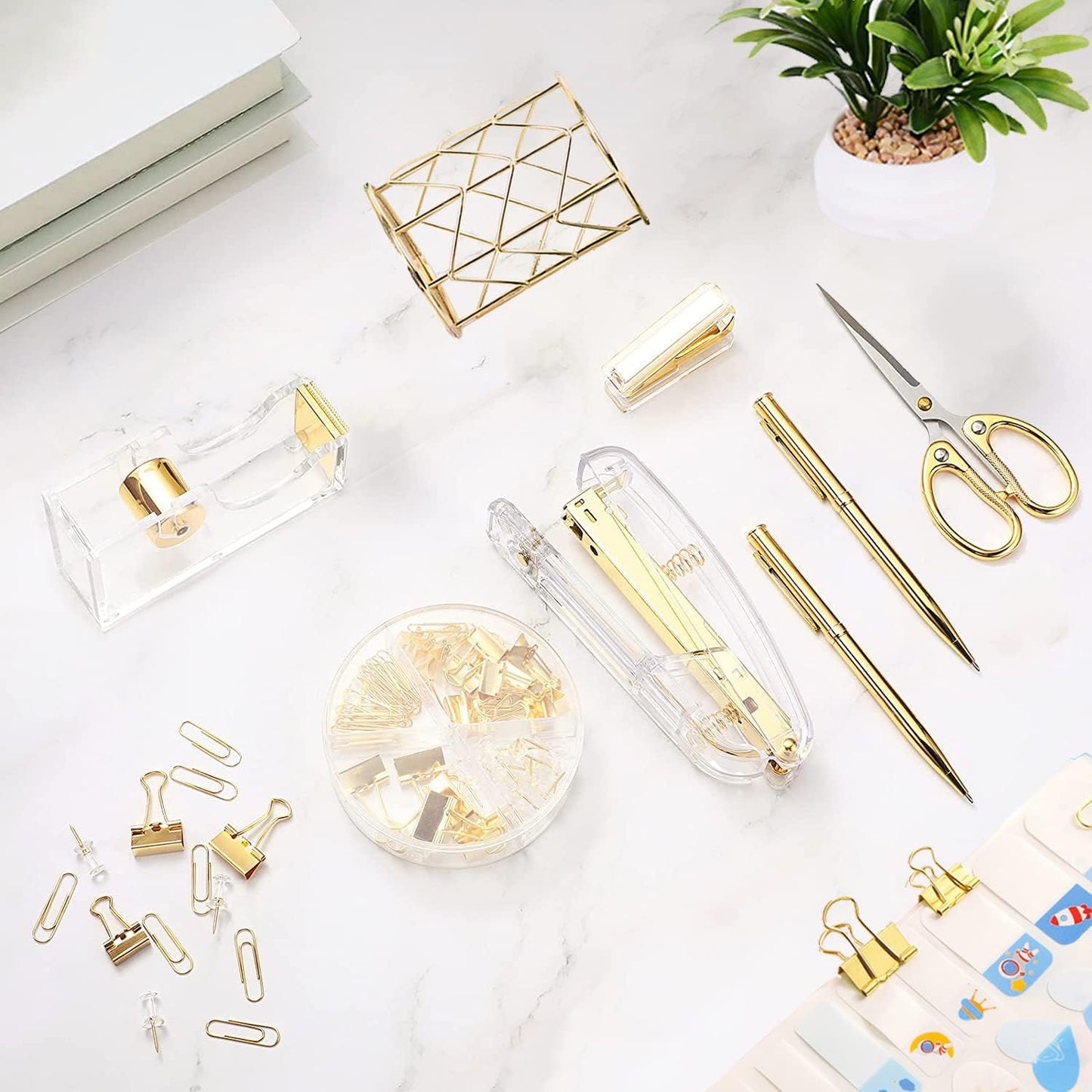 Famassi Rose Gold Desk Accessories，Office Supplies Set Acrylic Stapler Set Staple Remover, Tape Holder, 2 Ballpoint Pen, Scissor, Binder/Paper Clips and 1000pcs Staples.