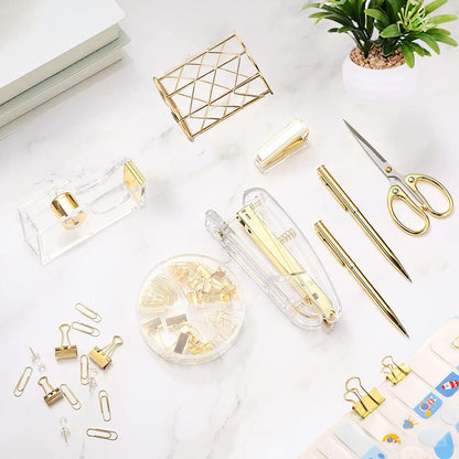 Famassi Rose Gold Desk Accessories，Office Supplies Set Acrylic Stapler Set Staple Remover, Tape Holder, 2 Ballpoint Pen, Scissor, Binder/Paper Clips and 1000pcs Staples.