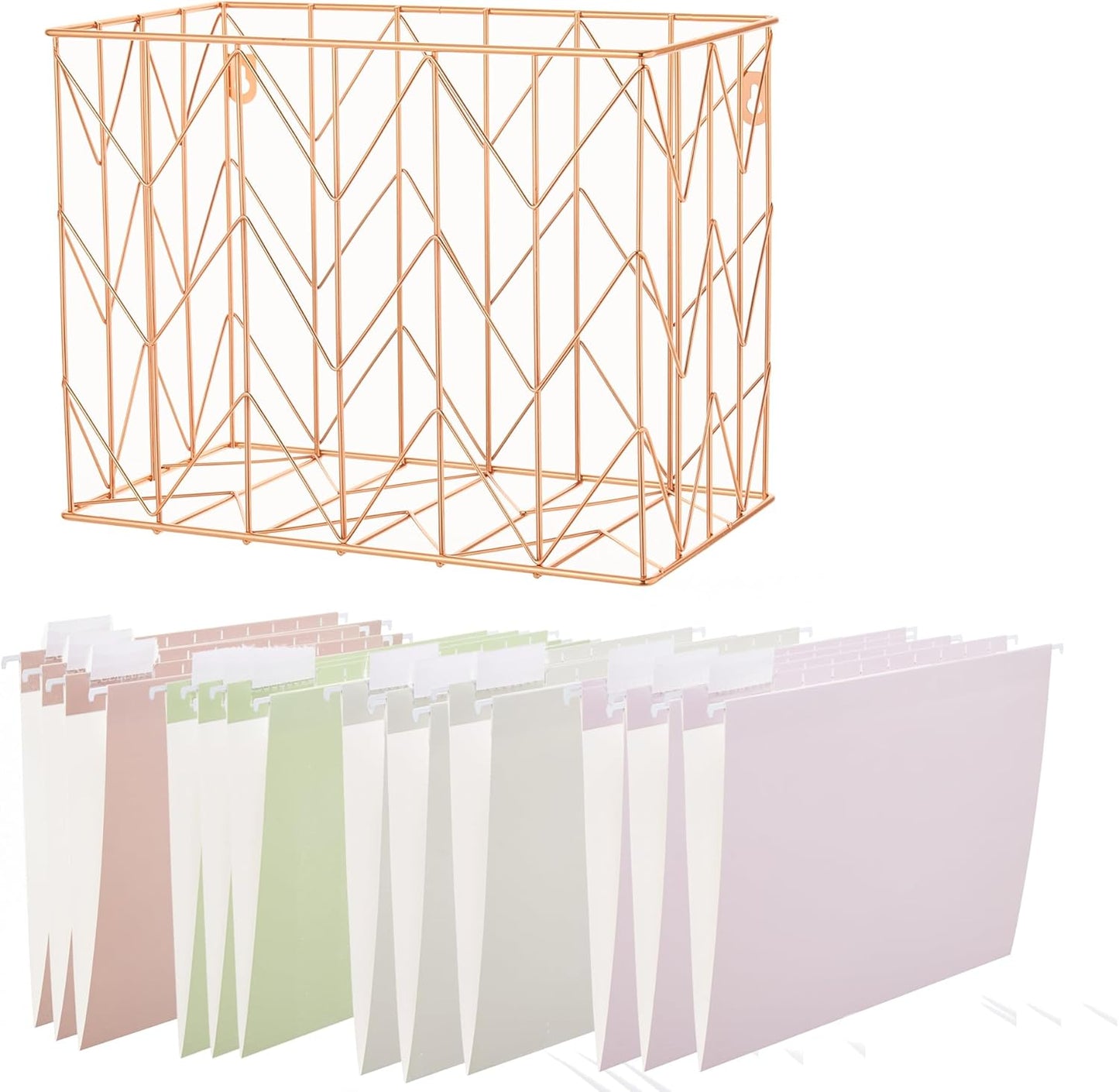 Hanging Rose Gold File Organizer, equipped with a 6-piece set of rose gold desktop accessories