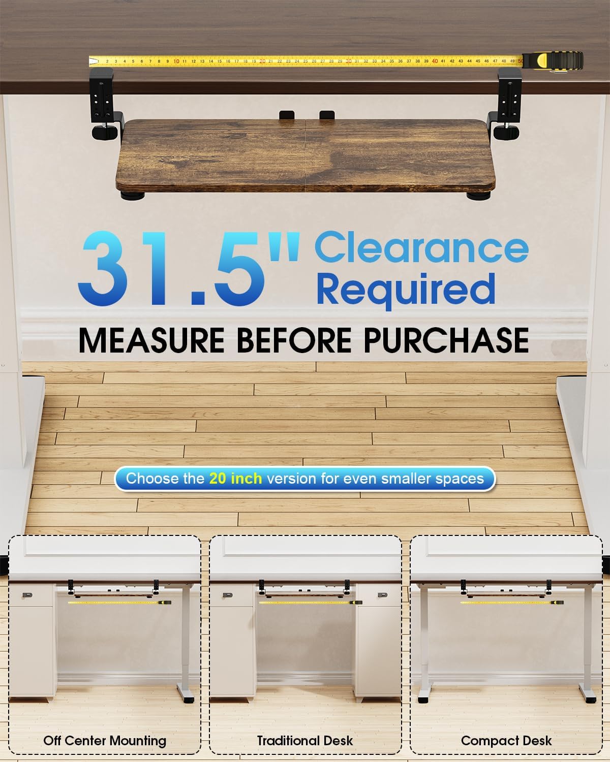 Large Keyboard Tray Under Desk, Pull Out Keyboard & Mouse Tray with Adjustable C-clamp, 25.6(31.5 Including Clamps) x 11.8 Inch Slide Out Computer Keyboard Drawer Mouse Tray for Typing, Brown