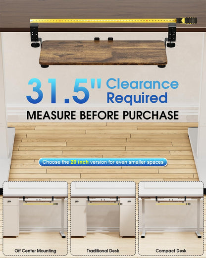 Large Keyboard Tray Under Desk, Pull Out Keyboard & Mouse Tray with Adjustable C-clamp, 25.6(31.5 Including Clamps) x 11.8 Inch Slide Out Computer Keyboard Drawer Mouse Tray for Typing, Brown