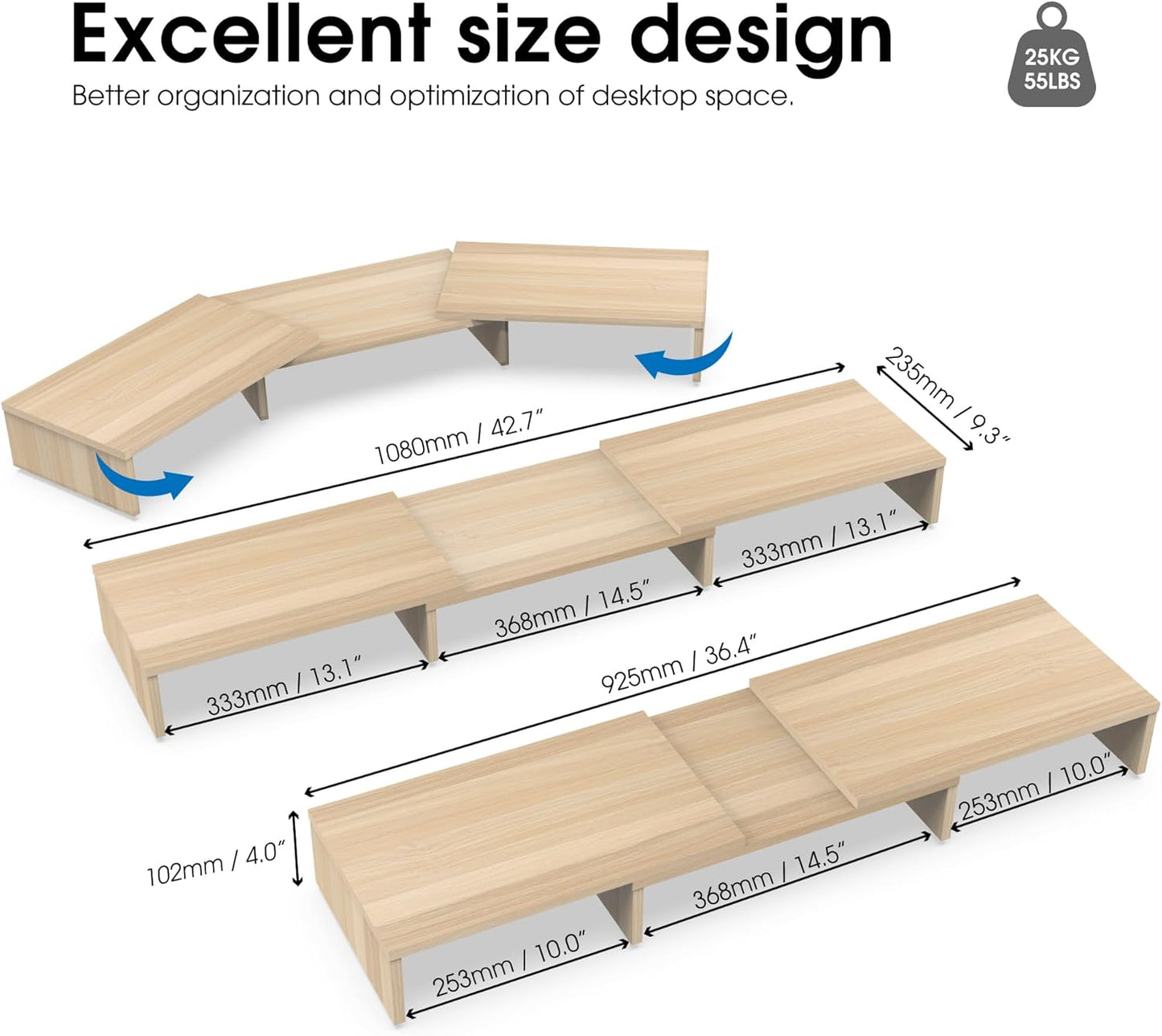 FITUEYES Dual Monitor Stand – 3 Shelf Computer Monitor Riser, Wood Desktop Stand with Adjustable Length and Angle, Desk Accessories, Office Supplies Medium Black,DT108001WB