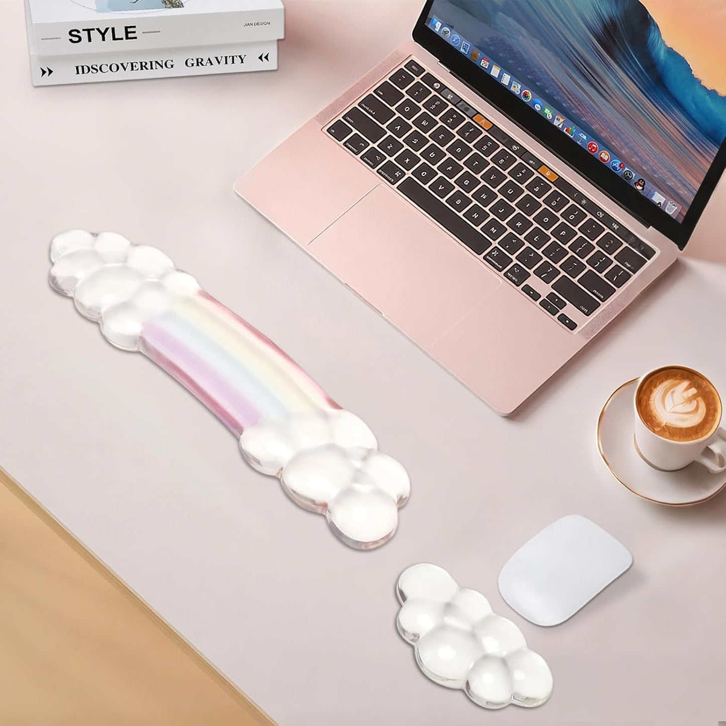 MEGREZ Clear Gel Wrist Rest for Keyboard and Mouse, Cute Crystal Gel WristRest, Ergonomic Wrist Rest Set, Cloud Wrist Rest Keyboard, Pink