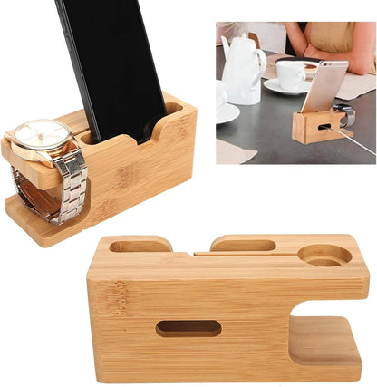Pssopp Bamboo Charging Station, Wooden Charging Station Desktop Docking Station Organizer for Cellphone Smart Watch Tablet Charging Cables
