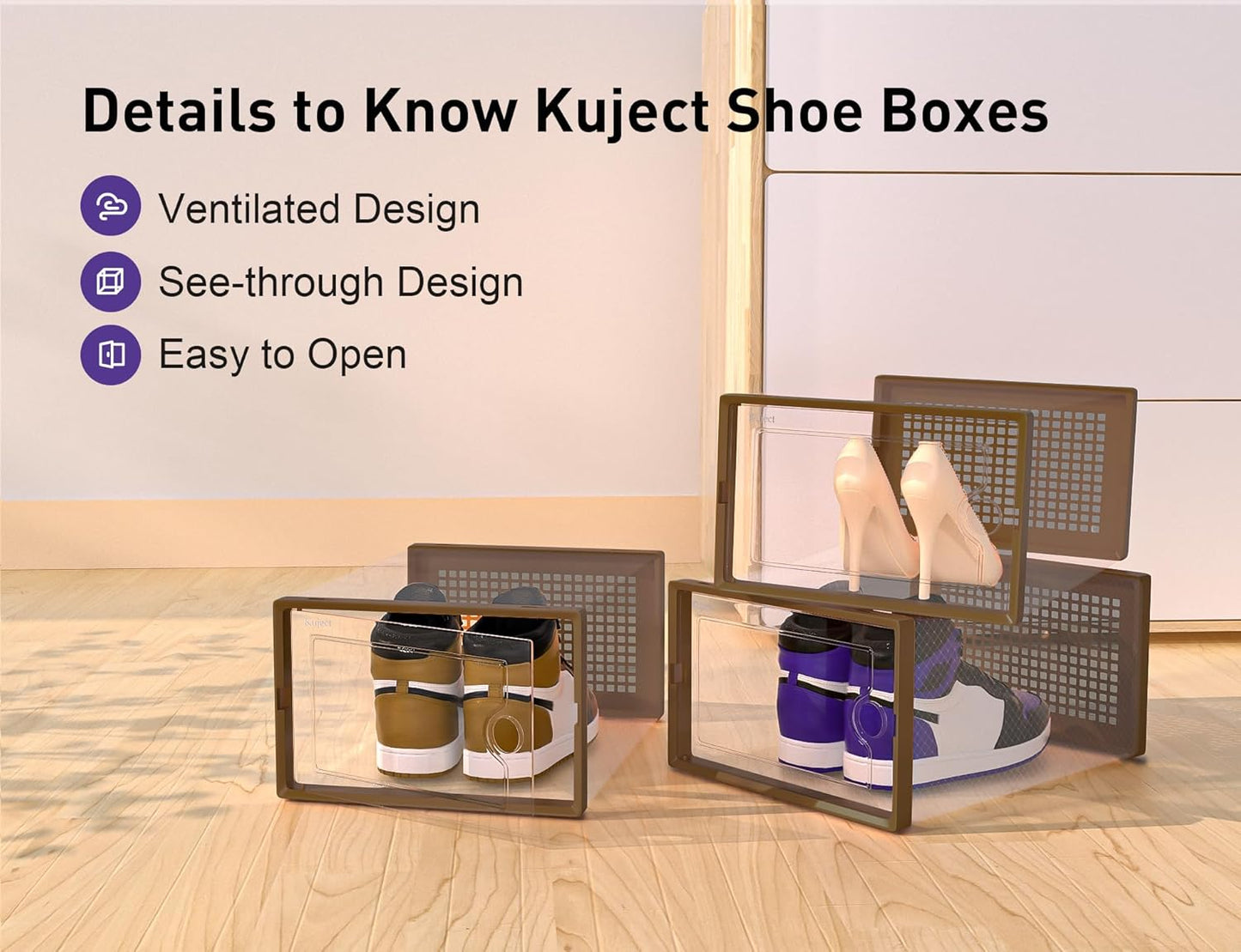 Kuject X-Large Shoe Storage Boxes Organizers Clear Plastic Stackable 12 Pack, Shoe Rack & Holder Substitute, Sneaker Containers, Toy Storage Organizer Bins for Entryway, Closet, Under Bed, Black