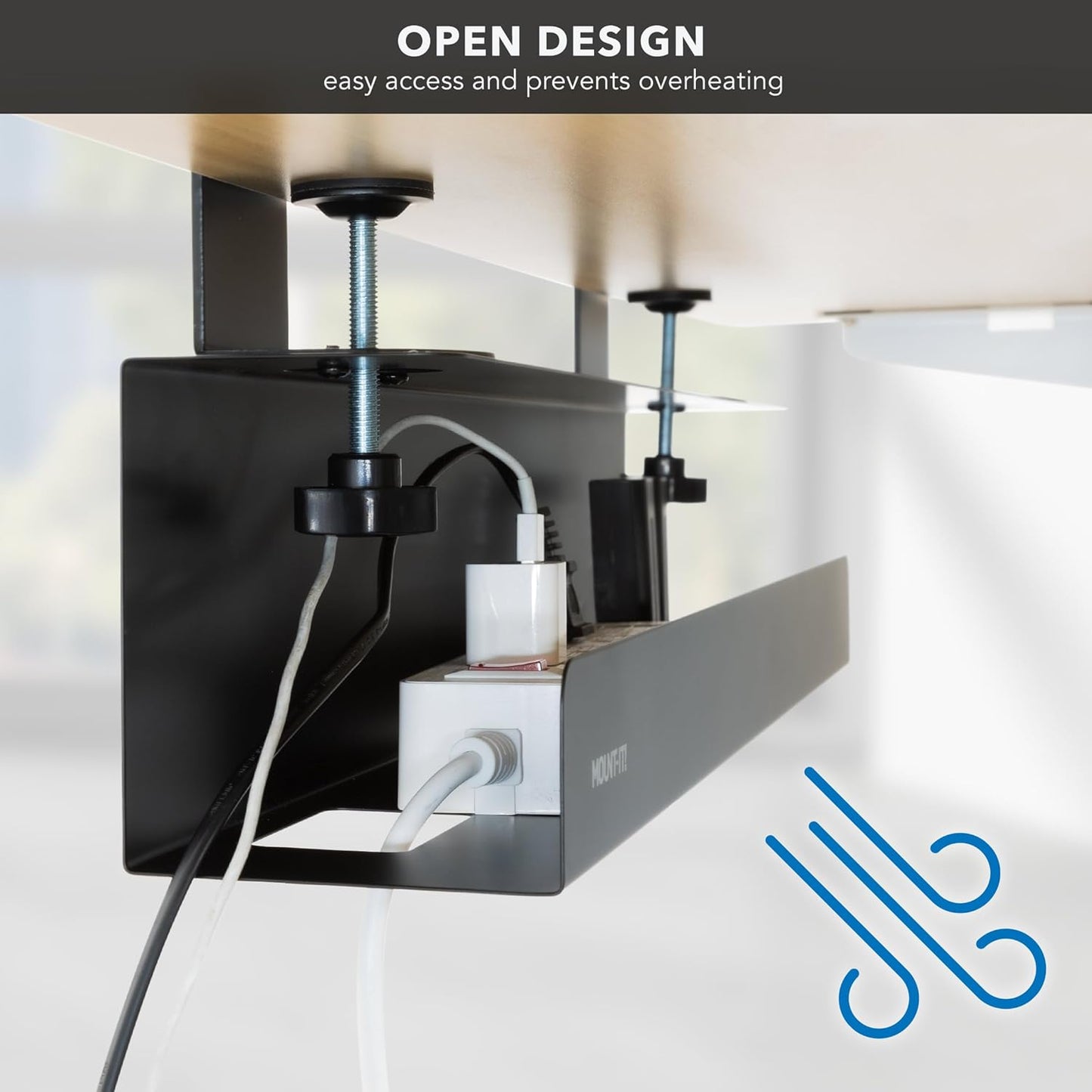 Mount-It! Under Desk Cable Management Tray – Clamp-On No-Drill Metal Cable Management Tray for Desk & Standing Desk, Wire & Cord Organizer for Power Strips, Glass Desks – 23.6” Black